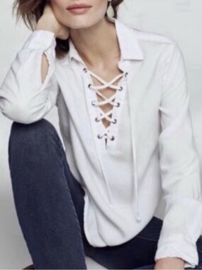 cloth & stone Anthropologie White Lace-Up V-Neck long sleeve Blouse Tunic small